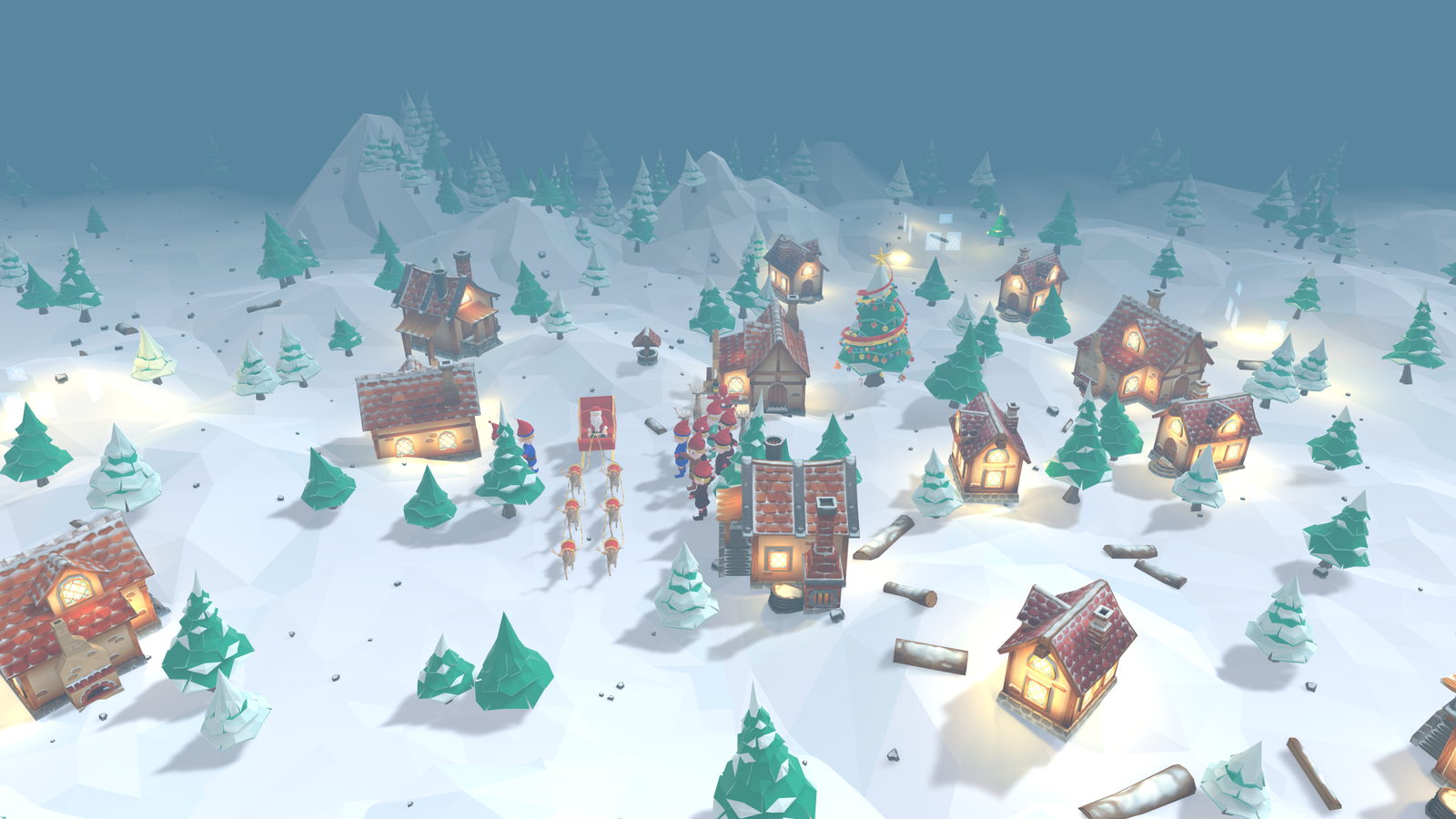 A low-poly North Pole village at dusk: lit workshops, pine trees, Santa's sleigh and the reindeer team on the snow.