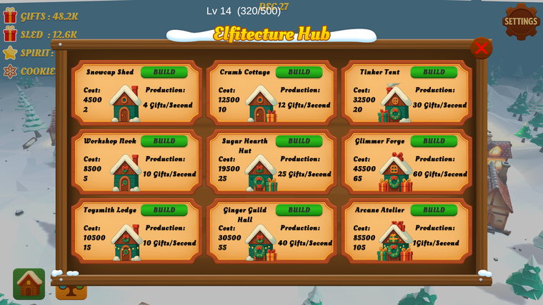 The build menu showing the nine workshop types with their prices and production rates.