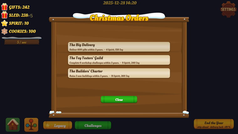 The Christmas Orders board listing gift targets and their deadlines.