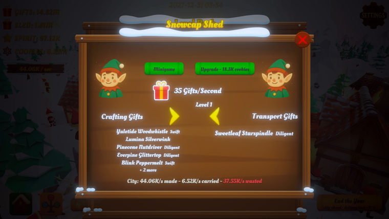 The workshop inspector listing named elves and their crafting or transport assignment.