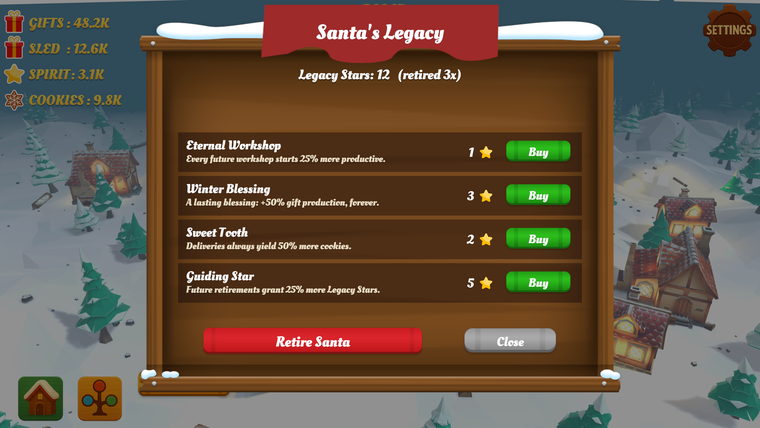 The Legacy prestige screen with permanent upgrades bought using Legacy Stars.