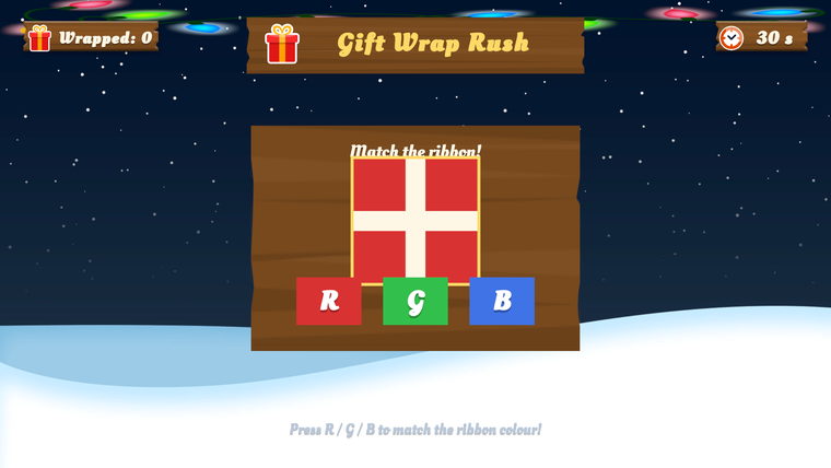 Gift Wrap Rush minigame: presents moving along the wrapping line.