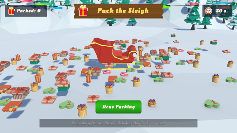 Pack the Sleigh minigame: fitting boxes of different shapes into the sleigh.