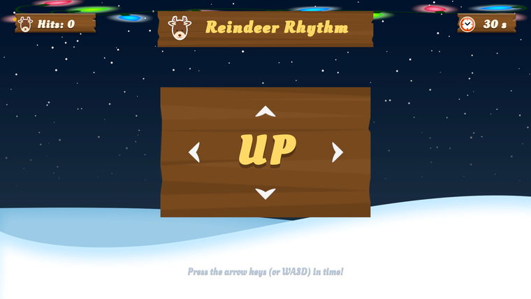 Reindeer Rhythm minigame: notes falling towards the hit line.