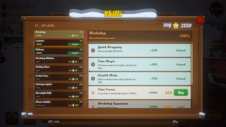 The skill tree panel with nine branches and their owned, affordable and locked skills.