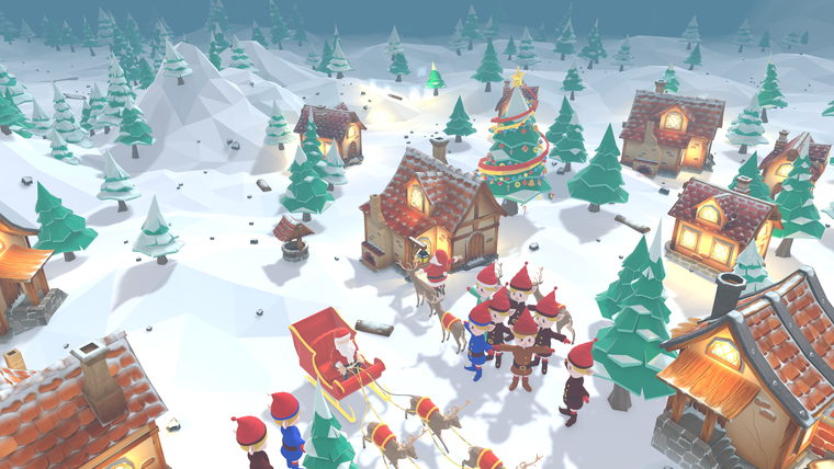 Low angle on Santa's sleigh, the reindeer and a crowd of elves beside the Christmas tree.