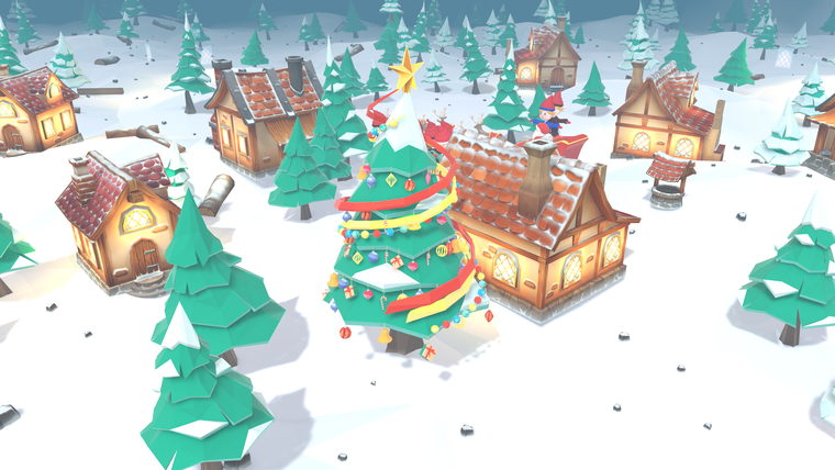 Close view of a decorated Christmas tree beside a lit workshop.