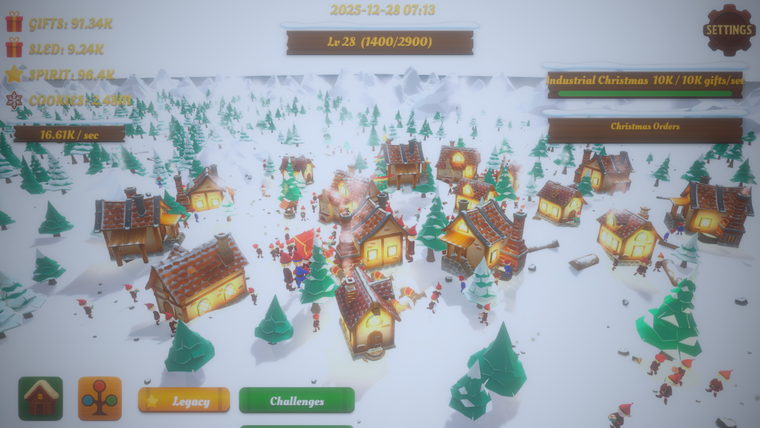 A built-up North Pole village in Santa's Legacy with the resource HUD showing gifts, spirit and cookies.