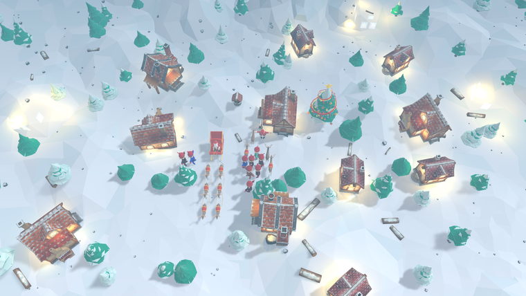 A high overview of the grown elf village in the snow.