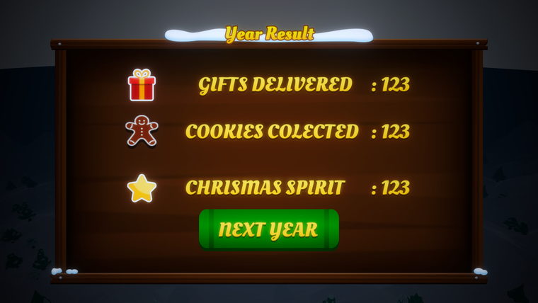 The end of year payout screen converting delivered gifts into cookies and spirit.